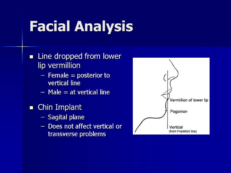 Facial Analysis Line dropped from lower lip vermillion Female = posterior to vertical line